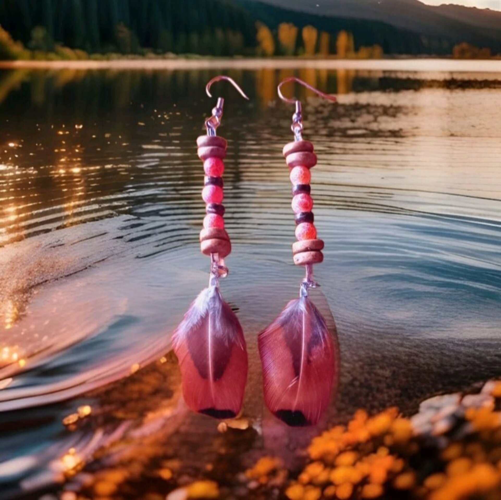 PENDIENTES BOHEMIOS PLUMA NATURAL ÁGATA ROJA - 5