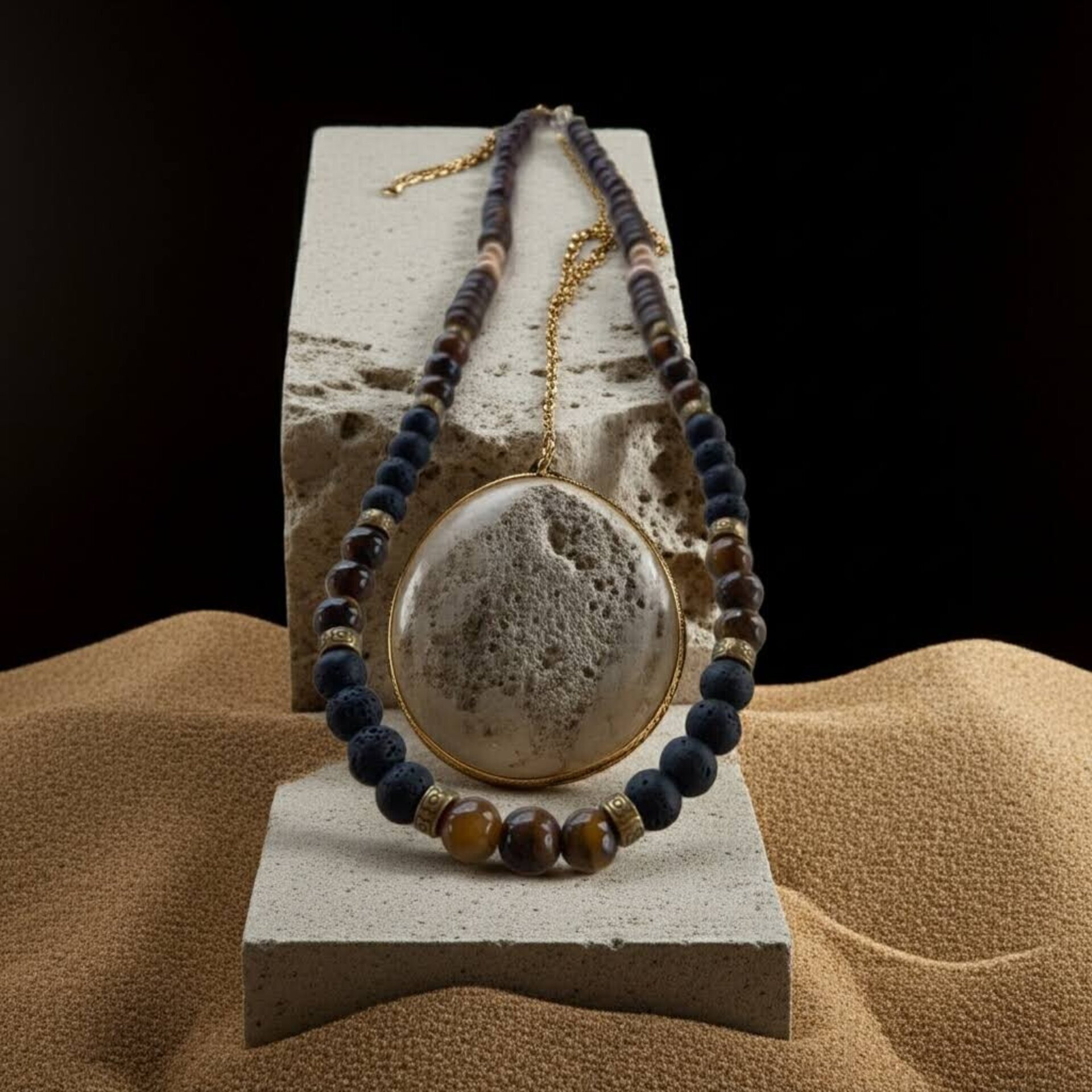 Collar bohemio para hombre piedra volcánica y ojo de tigre - 4