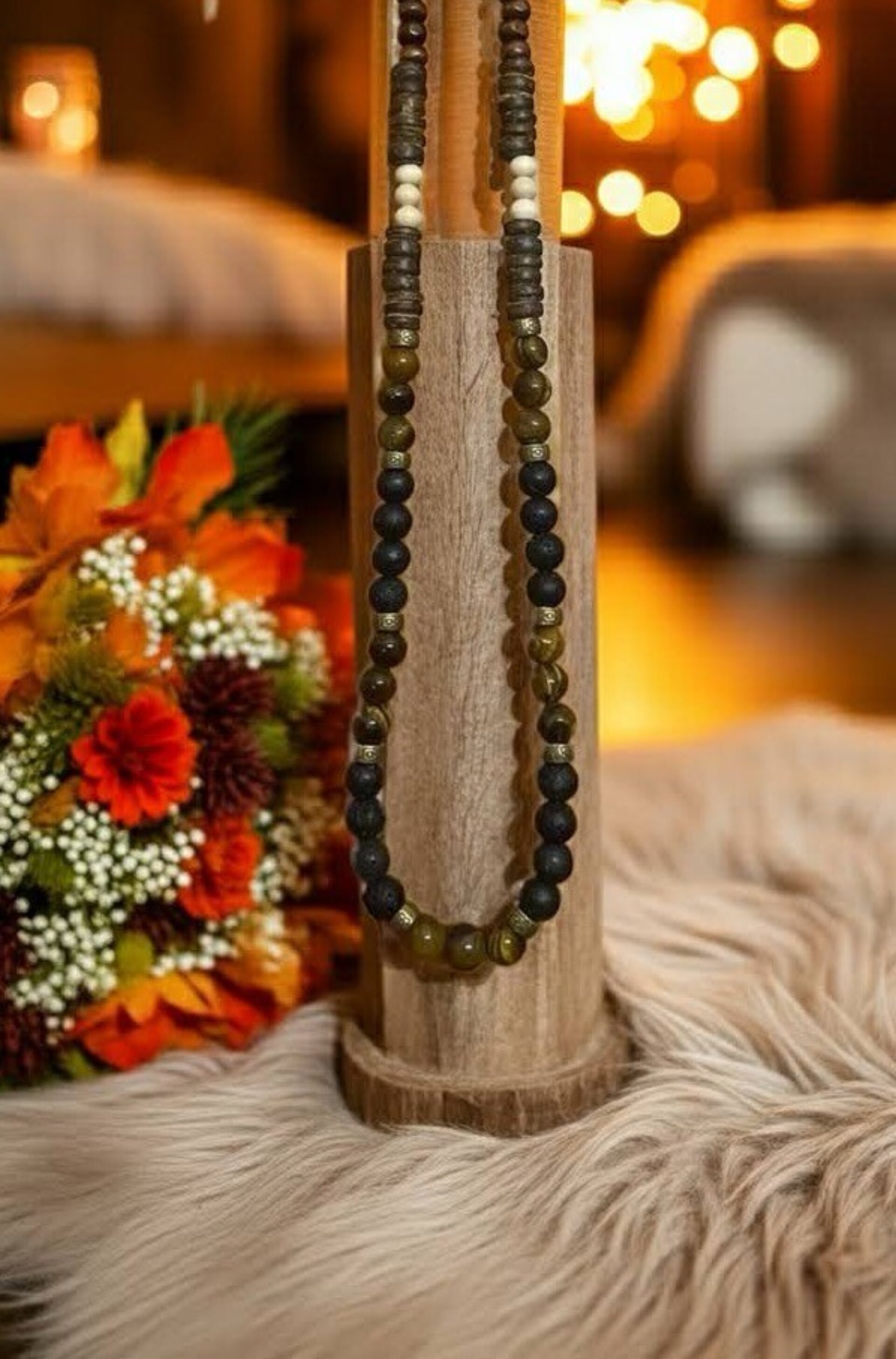 Collar bohemio para hombre piedra volcánica y ojo de tigre - 8