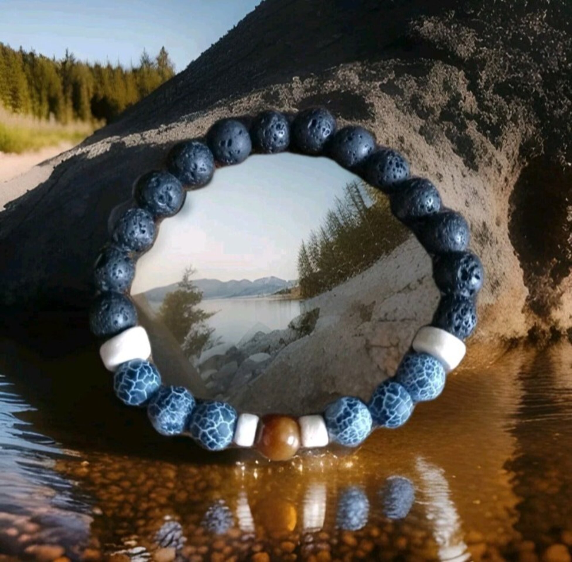 PULSERA TRIPLE PROTECCIÓN DE PIEDRA VOLCÁNICA,  OJO DE TIGRE Y ÁGATA NEGRA - 6
