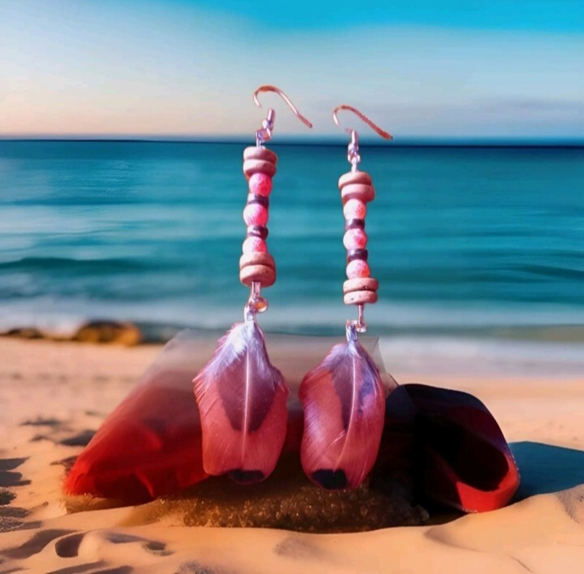 PENDIENTES BOHEMIOS PLUMA NATURAL ÁGATA ROJA - 2