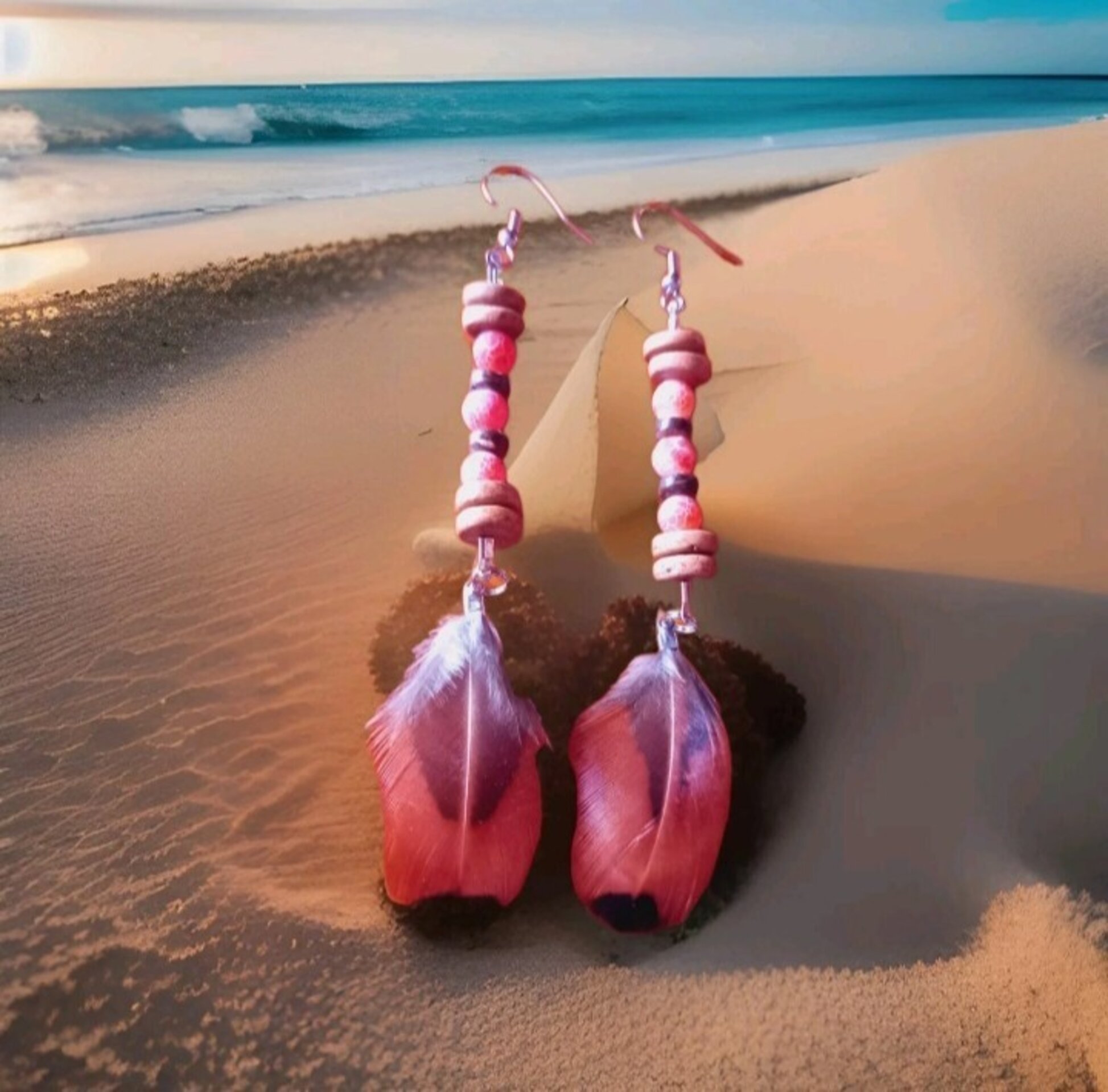 PENDIENTES BOHEMIOS PLUMA NATURAL ÁGATA ROJA - 3
