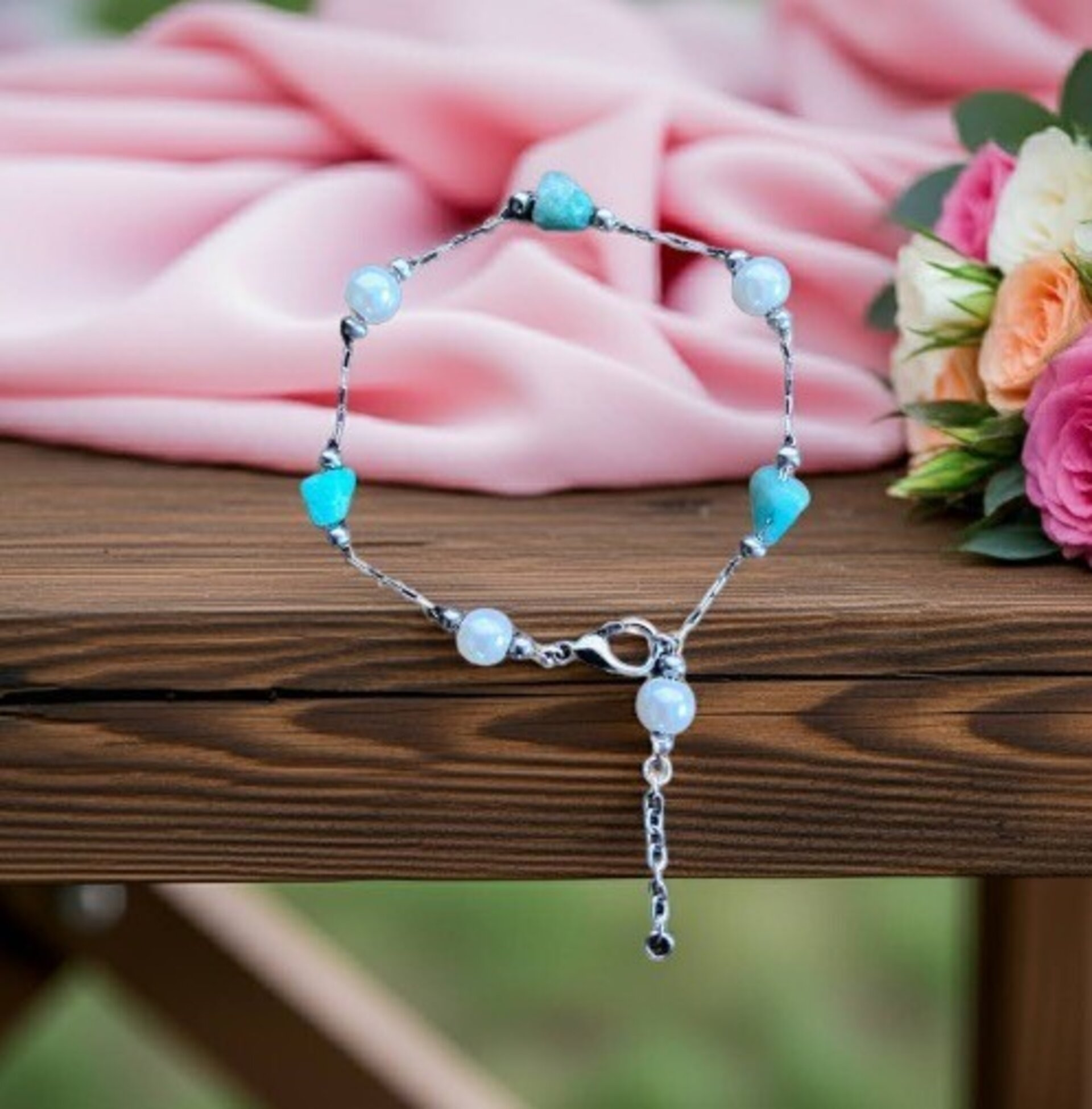 Pulsera de piedras amazonita y perlas - 2