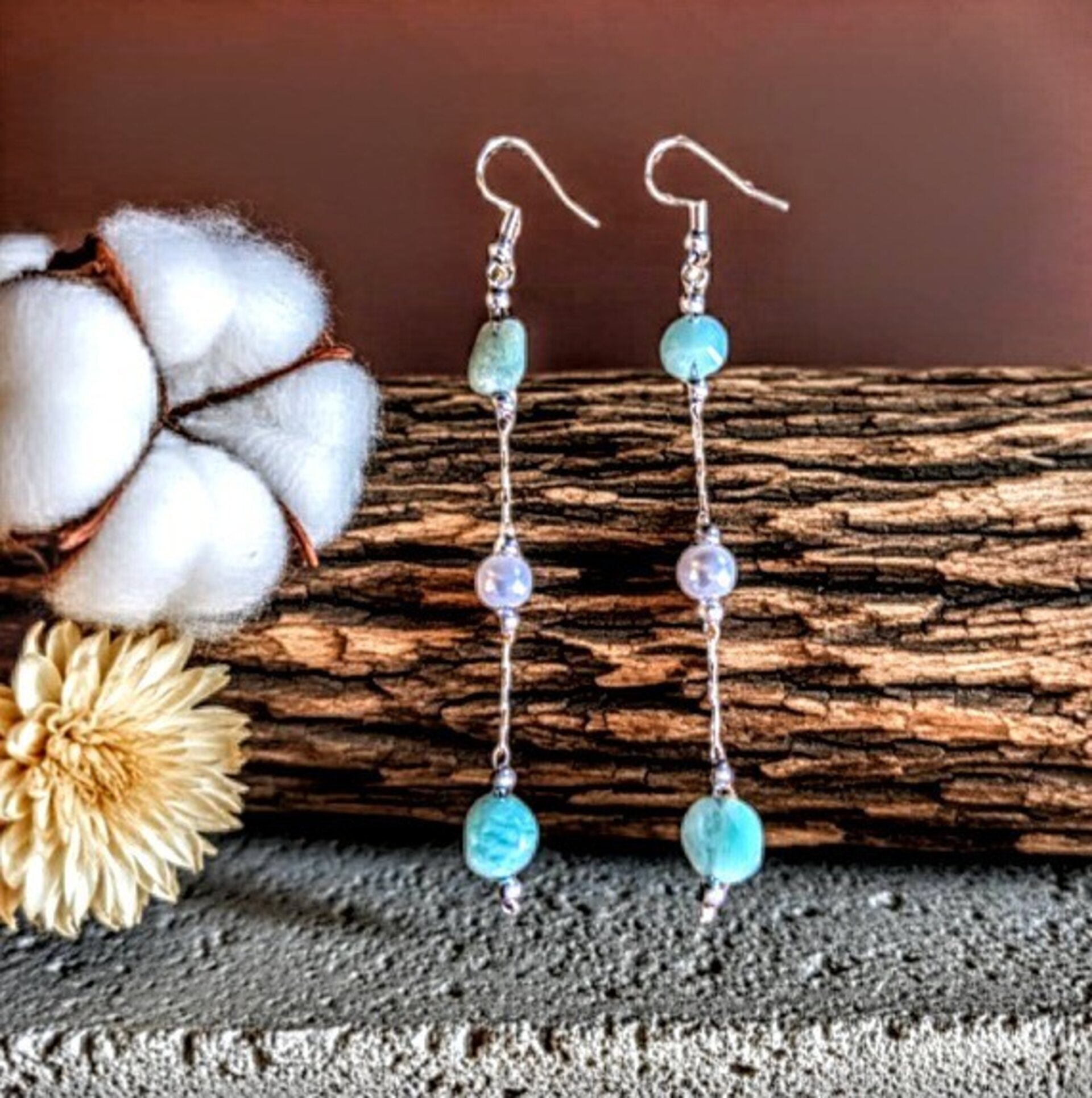 Pendientes de perlas y piedra Amazonita - 3