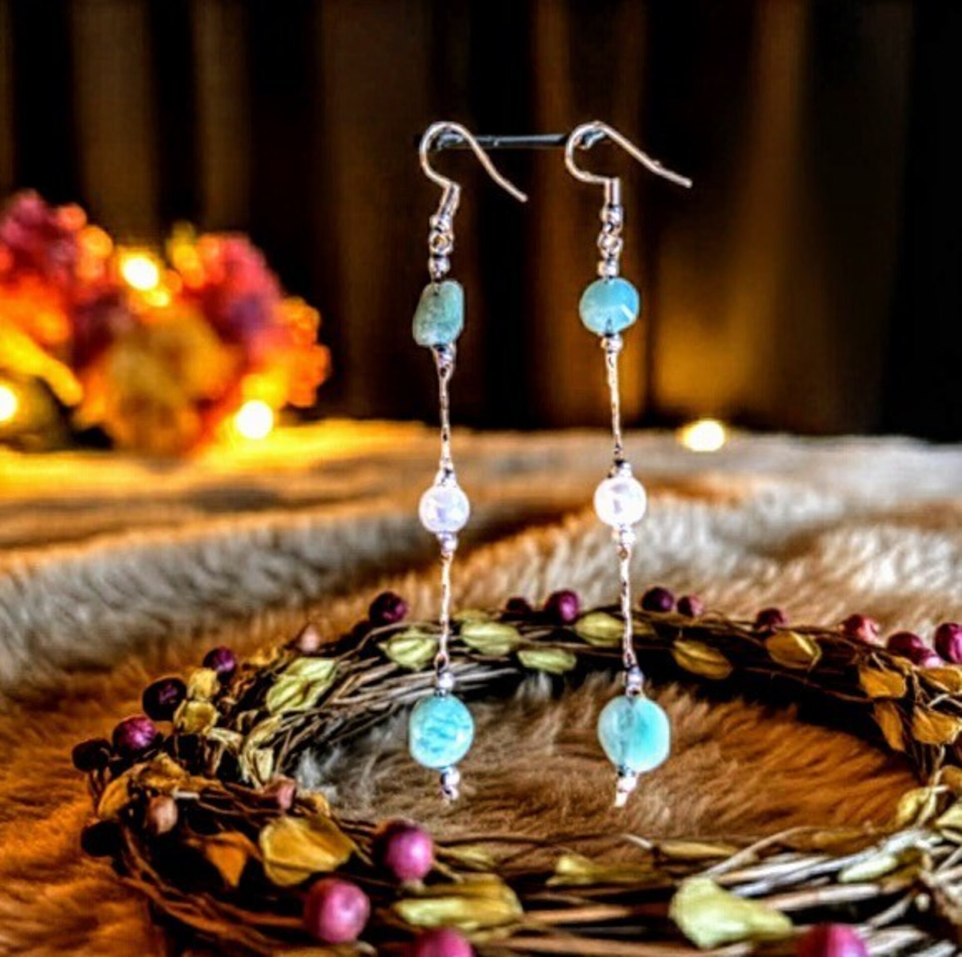 Pendientes de perlas y piedra Amazonita - 2
